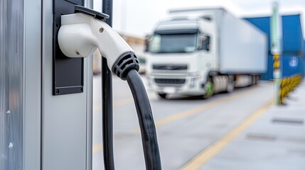 A white electric charging cable is plugged into a charging station. A semi-truck is parked in the background.