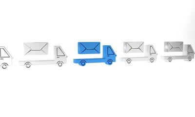 Blue Post truck icon isolated on white background. Mail car. Vehicle truck transport with envelope or letter. Minimalism concept. 3D render illustration