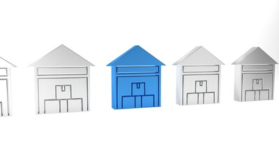 Blue Warehouse icon isolated on white background. Minimalism concept. 3D render illustration
