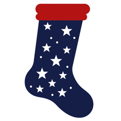 A red, white, and blue Christmas stocking with white stars on a navy blue background