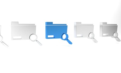 Blue Search concept with folder icon isolated on white background. Magnifying glass and document. Data and information sign. Minimalism concept. 3D render illustration
