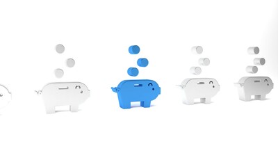 Blue Piggy bank with coin icon isolated on white background. Icon saving or accumulation of money, investment. Minimalism concept. 3D render illustration