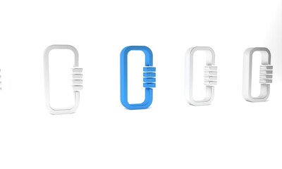 Blue Carabiner icon isolated on white background. Extreme sport. Sport equipment. Minimalism concept. 3D render illustration