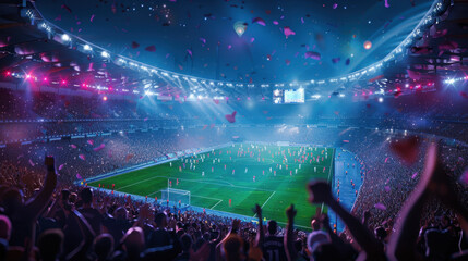 Exciting soccer match in a large stadium with cheering crowd and colorful confetti under bright stadium lights