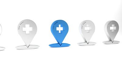 Blue Medical map pointer with cross hospital icon isolated on white background. Minimalism concept. 3D render illustration