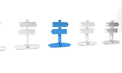 Blue Road traffic sign. Signpost icon isolated on white background. Pointer symbol. Isolated street information sign. Direction sign. Minimalism concept. 3D render illustration