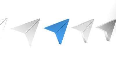 Fototapeta premium Blue Paper airplane icon isolated on white background. Minimalism concept. 3D render illustration