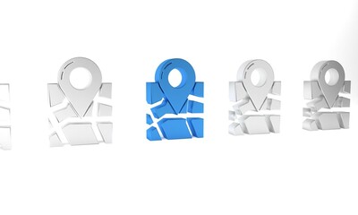 Blue Folded map with location marker icon isolated on white background. Minimalism concept. 3D render illustration