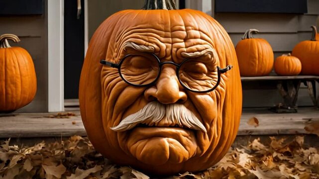 A photorealistic portrait of a grumpy old man's face carved into a pumpkin, complete with a monocle and a scowl