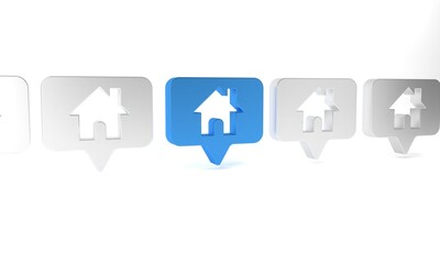 Obraz premium Blue Map pointer with house icon isolated on white background. Home location marker symbol. Minimalism concept. 3D render illustration