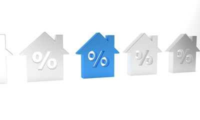 Blue House with percant discount tag icon isolated on white background. House percentage sign price. Real estate home. Minimalism concept. 3D render illustration