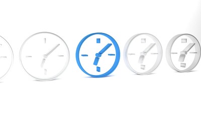 Blue Clock icon isolated on white background. Time symbol. Minimalism concept. 3D render illustration