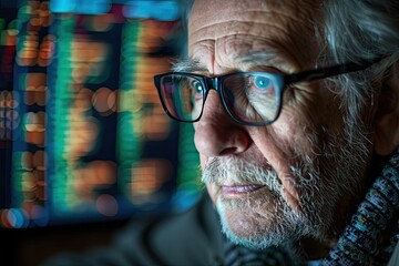 A close-up photo of a senior man's face. This image is perfect for depicting concepts of age, wisdom, or technology.