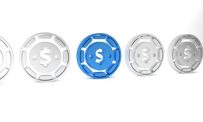 Blue Casino chip with dollar symbol icon isolated on white background. Casino gambling. Minimalism concept. 3D render illustration