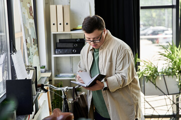 Young man with Down syndrome reviewing notes while standing near a bicycle.