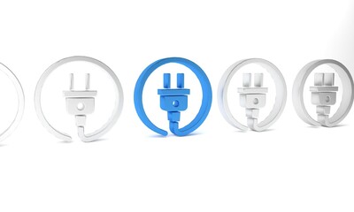 Blue Electric plug icon isolated on white background. Concept of connection and disconnection of the electricity. Minimalism concept. 3D render illustration