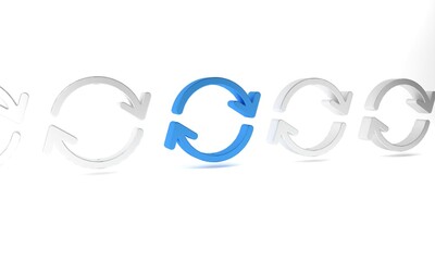 Blue Refresh icon isolated on white background. Reload symbol. Rotation arrows in a circle sign. Minimalism concept. 3D render illustration