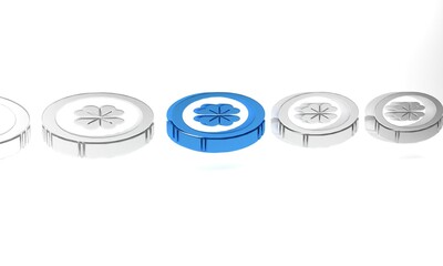 Blue Gold coin with four leaf clover icon isolated on white background. Happy Saint Patricks day. Minimalism concept. 3D render illustration