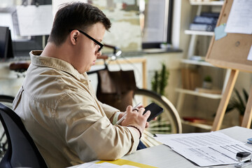A young man with Down syndrome sits at a desk, using a smartphone.