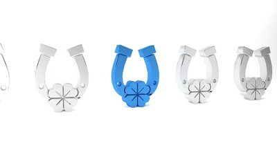 Blue Horseshoe with four leaf clover icon isolated on white background. Happy Saint Patricks day. Minimalism concept. 3D render illustration