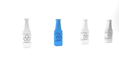 Blue Beer bottle with four leaf clover icon isolated on white background. Happy Saint Patricks day. Minimalism concept. 3D render illustration