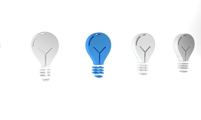 Blue Light bulb with concept of idea icon isolated on white background. Energy and idea symbol. Inspiration concept. Minimalism concept. 3D render illustration