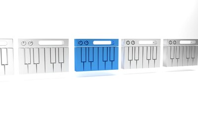 Blue Music synthesizer icon isolated on white background. Electronic piano. Minimalism concept. 3D render illustration