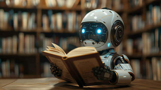 A robot reading a book in close-up
