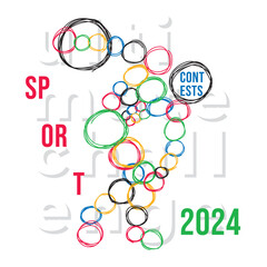 Sportsman Figure Holding Sports Equipment Created with Circles Composition and Sport Contest 2024 Lettering Creative Concept - Multicolor Rings on White Background - Vector Doodle Graphic Design