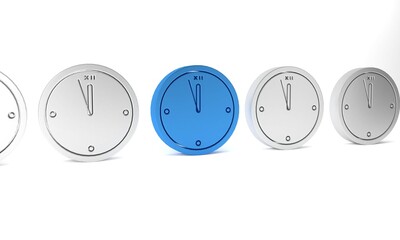 Fototapeta premium Blue Clock icon isolated on white background. Time symbol. Merry Christmas and Happy New Year. Minimalism concept. 3D render illustration