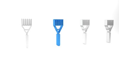 Blue Garden rake icon isolated on white background. Tool for horticulture, agriculture, farming. Ground cultivator. Housekeeping equipment. Minimalism concept. 3D render illustration