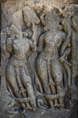 Intricately carved stone sculpture, 11th - 12th Century, Kalyana Chalukya style of Hindu architecture, Kasivisvesvara Temple, Lakkundi, Gadag, Karnataka, India, Asia.