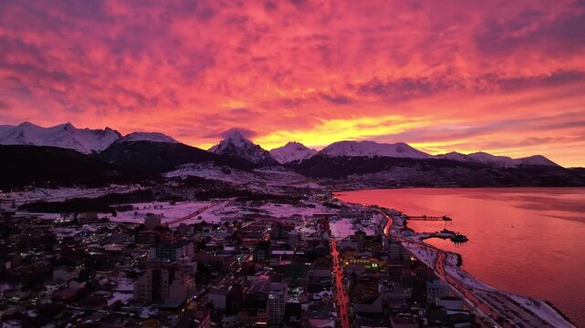 Patagonia Sunrise At Ushuaia Patagonia Argentina. Stunning Tropical Coastline Beach Scene Viewed From Above. Sunset Snowing Day Illumination Glacial Landscape Snow Capped.