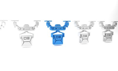 Blue Drone delivery concept icon isolated on white background. Quadrocopter carrying a package. Transportation, logistic concept. Minimalism concept. 3D render illustration
