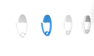 Blue Classic closed steel safety pin icon isolated on white background. Minimalism concept. 3D render illustration