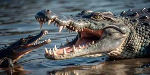 Adult crocodile bares teeth in warning next to a smaller crocodile