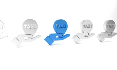 Fototapeta premium Blue Hand on map pointer with taxi icon isolated on white background. Location symbol. Minimalism concept. 3D render illustration