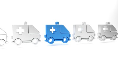 Blue Ambulance and emergency car icon isolated on white background. Ambulance vehicle medical evacuation. Minimalism concept. 3D render illustration
