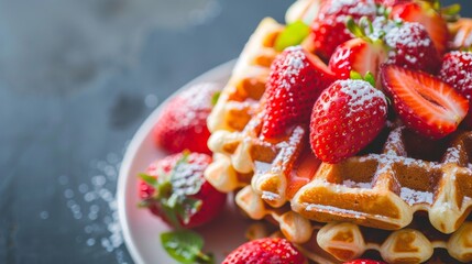 Obraz premium Waffles topped with fresh strawberries and powdered sugar on a plate. It can be used for food blogs, menus, or advertisements