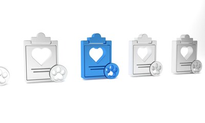 Blue Clipboard with medical clinical record pet icon isolated on white background. Health insurance form. Medical check marks report. Minimalism concept. 3D render illustration