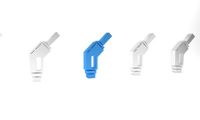 Blue Gasoline pump nozzle icon isolated on white background. Fuel pump petrol station. Refuel service sign. Gas station icon. Minimalism concept. 3D render illustration