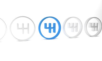 Blue Gear shifter icon isolated on white background. Transmission icon. Minimalism concept. 3D render illustration
