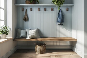 Minimalist Mudroom with Built-In Bench and Storage Hooks: A minimalist mudroom mockup featuring a built-in bench and storage hooks.
