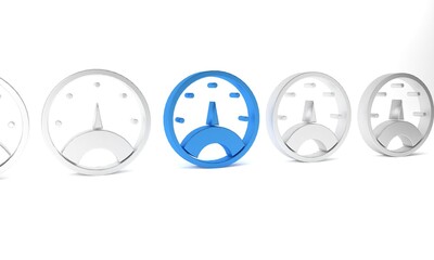 Blue Speedometer icon isolated on white background. Minimalism concept. 3D render illustration