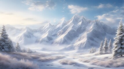 Obraz premium Snow-Covered Majesty: Tranquil View from a Mountain Top, beautiful wallpaper, background
