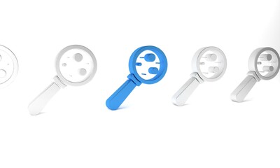 Blue Microorganisms under magnifier icon isolated on white background. Bacteria and germs, cell cancer, microbe, virus, fungi. Minimalism concept. 3D render illustration