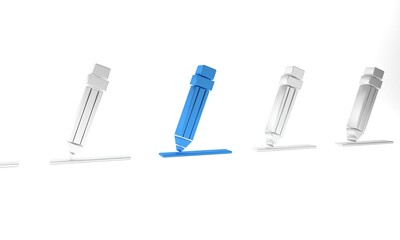 Blue Pencil with eraser and line icon isolated on white background. Education sign. Drawing and educational tools. Minimalism concept. 3D render illustration