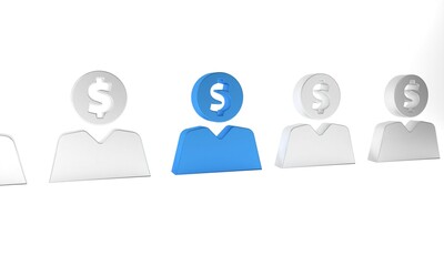 Blue Business man planning mind icon isolated on white background. Human head with dollar. Idea to earn money. Business investment growth. Minimalism concept. 3D render illustration