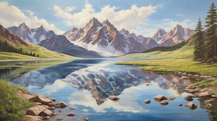 Obraz premium a serene mountain lake with reflections of the peaks. Generative AI 