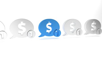 Blue Speech bubble with dollar icon isolated on white background. Badge for price. Sale with dollar symbol. Promo tag discount. Minimalism concept. 3D render illustration